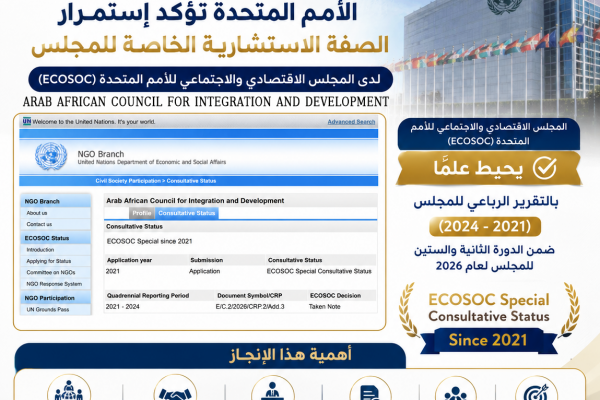المجلس العربي الإفريقي للتكامل والتنمية يجدد تأكيد مكانته الاستشارية لدى الأمم المتحدة
